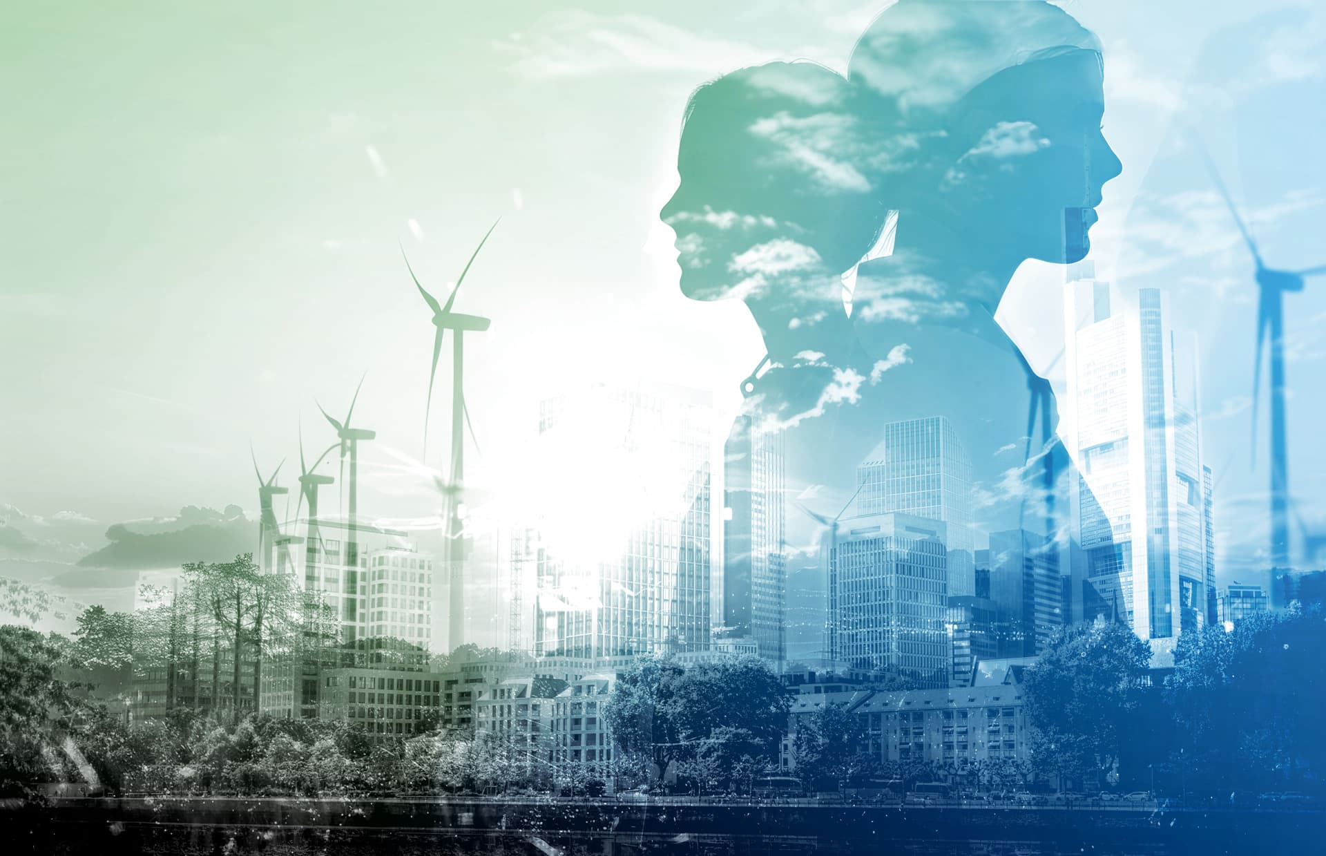 Silhouetten vor erneuerbaren Energien, moderne Architektur im Hintergrund, Symbol für nachhaltige Entwicklung.