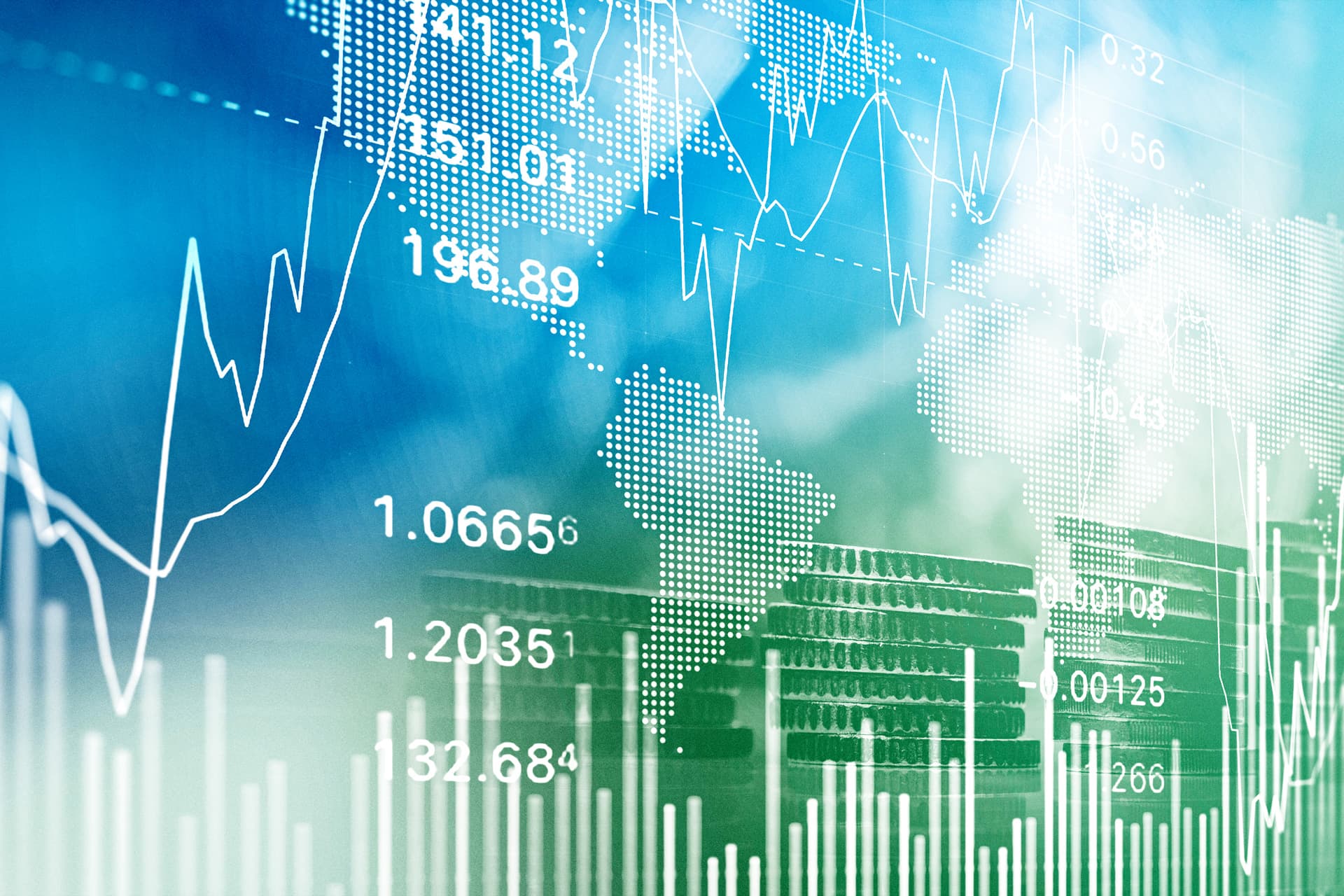Finanzgrafiken und Weltkarte symbolisieren globale Investitionen in nachhaltige Immobilienprojekte.