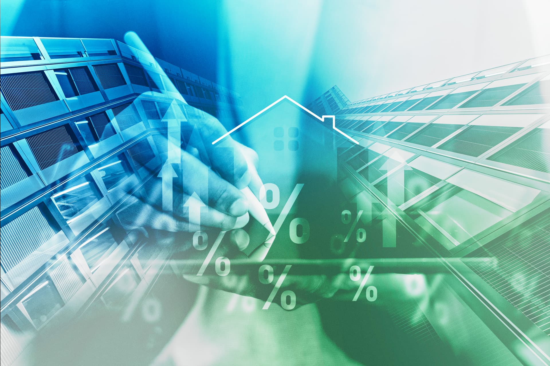 Digitales Konzept mit grünen Gebäuden, sinkenden Prozentzahlen und Hand mit Tablet, Fokus auf nachhaltige Immobilieninvestments.