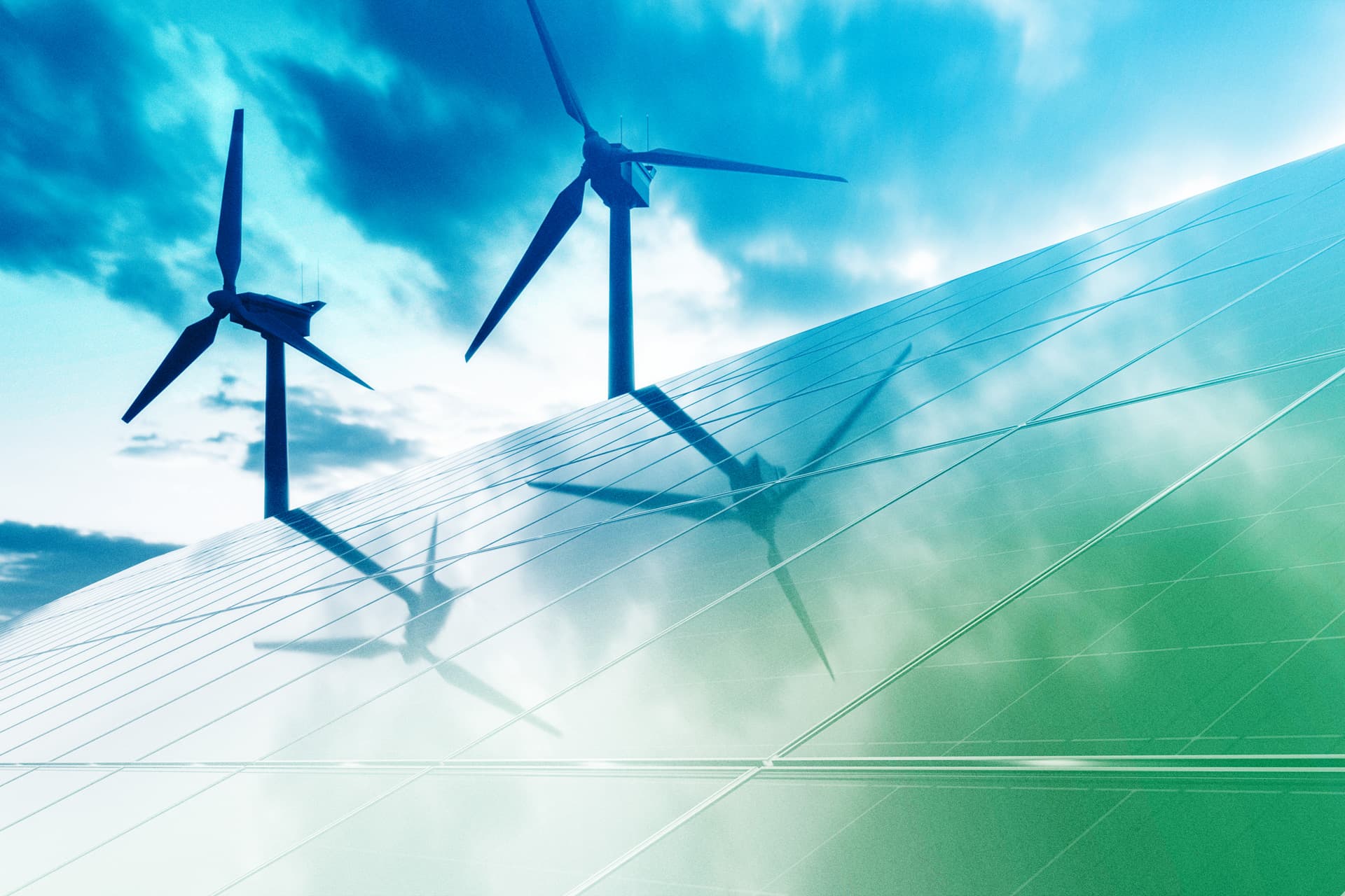 Windräder und Solarpanel symbolisieren erneuerbare Energien und Nachhaltigkeit.