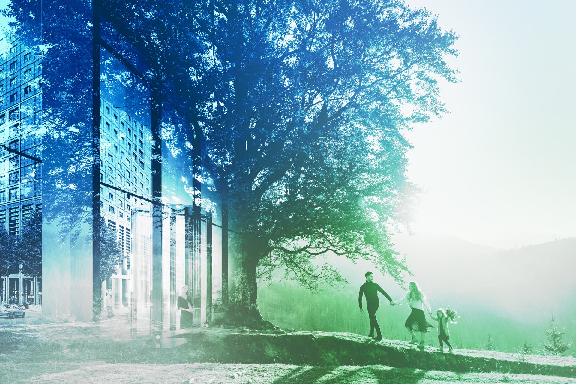 Familie spaziert vor urbaner Skyline und Baum, Darstellung nachhaltiger Immobilienentwicklung.